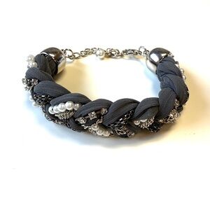 Handmade Gray Fabric Braided Statement Bracelet w/ Pearls & Chains